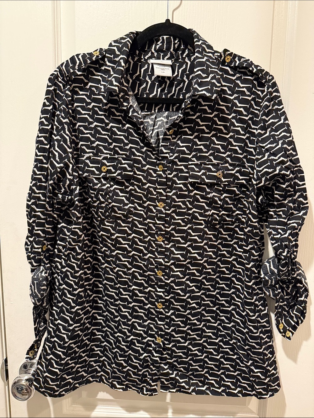Jaclyn Smith Black and White Dog Patterned Button-Down Shirt